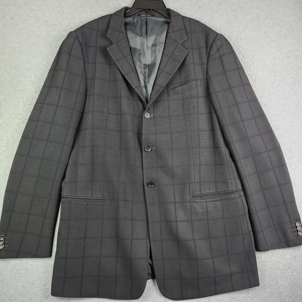 Armani Collezioni Blazer Jacket Men 44L Charcoal Grey Windowpane Single Breasted